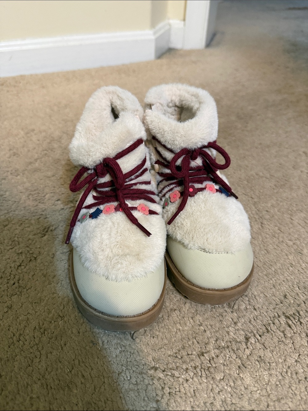Zara Cream Faux-Fur Kids Ankle Boots with Burgundy Laces